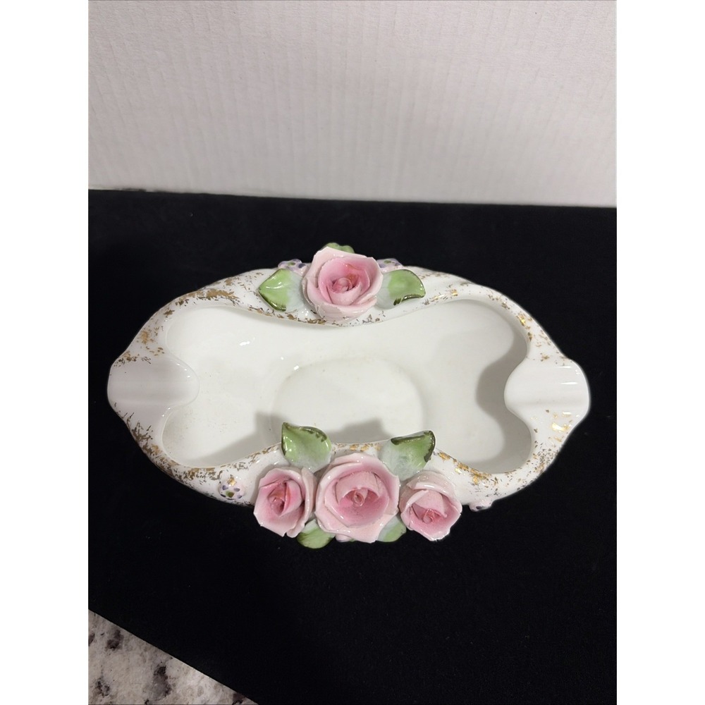 Vintage Lefton Hand Painted China Pink Rose Trinket/Ashtrays Pair Perfect Shape